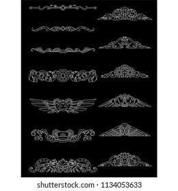 Vector calligraphic elements for design. Steampunk ornate wave elements, perfect for dividers, headers, titles. Mechanical clock, gear, birds, owls. Chalkboard style, black and white
