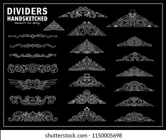 Vector calligraphic elements for design. Steampunk ornate wave triangles elements, perfect for dividers, headers, titles. Mechanical clock, gear, birds, owls. Chalkboard style, black and white