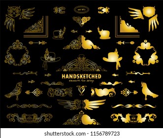 Vector calligraphic elements for design. Steampunk collection of triangle, corner, line, divider, hat, arrows, owl, bird. Ornate and silhouette option. Metallic gold color, premium collection