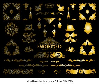 Vector calligraphic elements for design. Steampunk collection of triangle, corner, line, divider, hat, arrows, cat, face. Ornate and silhouette option. Metallic gold color, premium collection