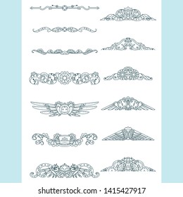 Vector calligraphic elements for design. Steampunk ornate wave elements, perfect for dividers, headers, titles. Hand drawn sketch mechanical clock, gear, birds, owls. Classic design