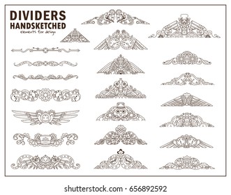 Vector calligraphic elements for design. Steampunk ornate wave triangles elements, perfect for dividers, headers, titles. Hand drawn sketch mechanical clock, gear, birds, owls. Classic design 