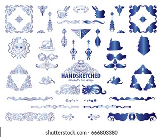 Vector calligraphic elements for design. Steampunk collection of triangle, corner, line, divider, hat, arrows, cat, face. Blue watercolor style. Ornate and silhouette option