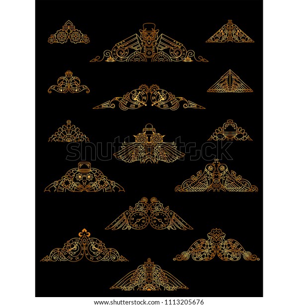 Vector\
calligraphic elements for design. Steampunk ornate wave elements,\
perfect for dividers, headers, titles. Mechanical clock, gear,\
birds, owls. Metallic gold color on\
black