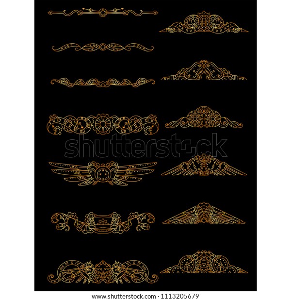 Vector\
calligraphic elements for design. Steampunk ornate wave elements,\
perfect for dividers, headers, titles. Mechanical clock, gear,\
birds, owls. Metallic gold color on\
black