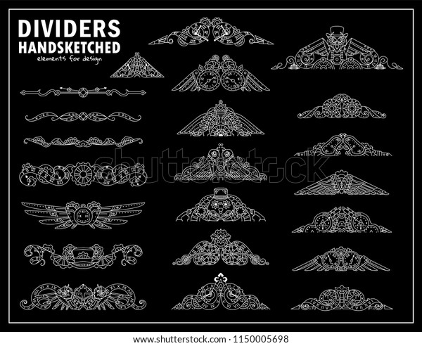 Vector calligraphic elements for design. Steampunk
ornate wave triangles elements, perfect for dividers, headers,
titles. Mechanical clock, gear, birds, owls. Chalkboard style,
black and white