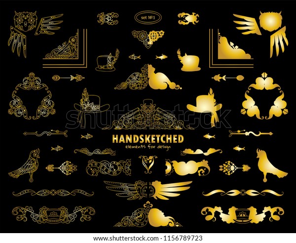 Vector calligraphic elements for design.\
Steampunk collection of triangle, corner, line, divider, hat,\
arrows, owl, bird. Ornate and silhouette option. Metallic gold\
color, premium\
collection