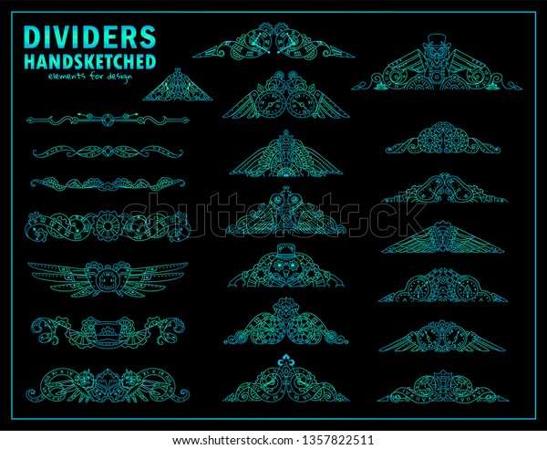 Vector\
calligraphic elements for design. Steampunk ornate wave triangles\
elements, perfect for dividers, headers, titles. Mechanical clock,\
gear, birds, owls. Neon blue color, modern\
design