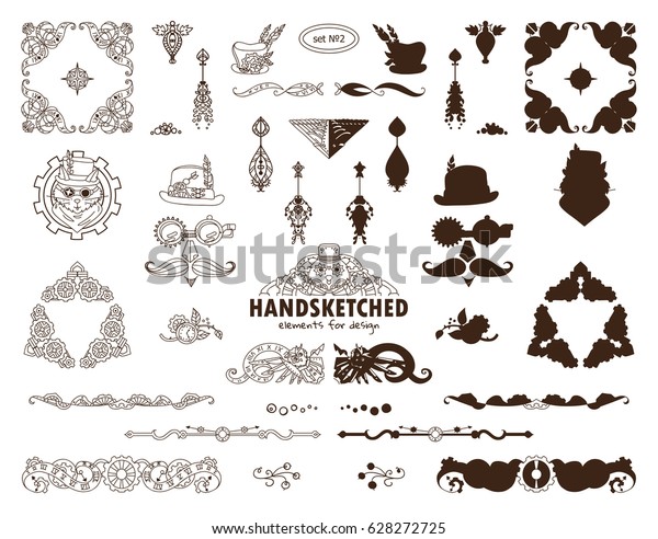 Vector calligraphic elements for design. Steampunk\
collection of triangle, corner, line, divider, hat, arrows, cat,\
face. Ornate and silhouette option. Hand drawn abstract collection,\
classic style 