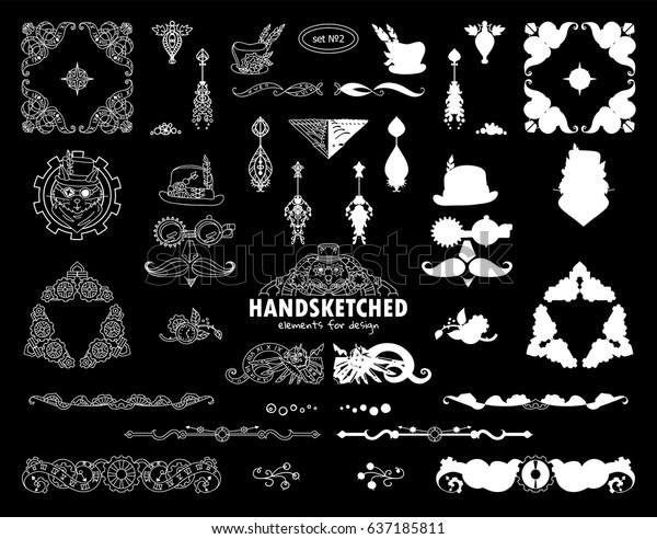 Vector calligraphic elements for design. Steampunk\
collection of triangle, corner, line, divider, hat, arrows, cat,\
face. Ornate and silhouette option. Chalkboard style, black and\
white colors 