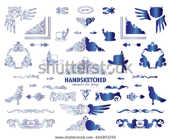 Vector calligraphic\
elements for design. Steampunk collection of triangle, corner,\
line, divider, hat, arrows, owl, bird. Blue watercolor style.\
Ornate and silhouette\
option