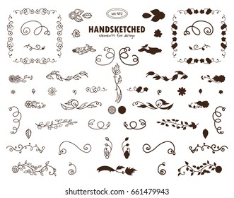 Vector calligraphic elements for design. Wild flowers, weeds, branches collection of hand drawing elements, icons, insignias, symbols, signs, square frames. Ornate and silhouette option, pen ink style