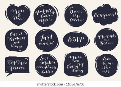 Vector calligraphic hand lettered set of Wedding and Valentine's day phrases, quotes and wishes in speech bubbles and hand drawn stickers. Trendy monochrome holiday illustration
