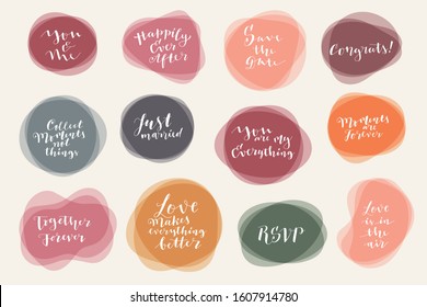 Vector calligraphic hand lettered set of Wedding and Valentine's day phrases, quotes and wishes on liquid form transparent backgrounds. Trendy romantic holiday illustration. Vector EPS10