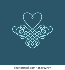 Vector calligraphic heart. Monogram design template. Greeting card Valentine's day. Original blue illustration for print, web
