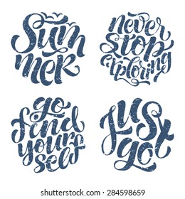 Vector calligraphic illustration of hand drawn round inscriptions. Summer lettering poster or card, travel and vacation design