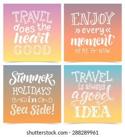Vector calligraphic illustration of hand drawn inscriptions. Summer poster or greeting cards on sunset background. Lettering collection, travel and vacation design