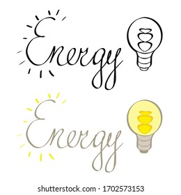 Vector calligraphic inscription. Energy word in english with light bulb. Handwritten logo with curls lines and shapes