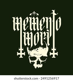 vector calligraphic inscription in gothic font memento mori from latin language translated Think about death with human skull and cross