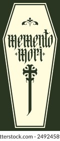 vector calligraphic inscription in gothic font memento mori from latin language translated Think about death with christian cross against the background of a white coffin