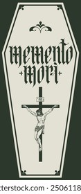 vector calligraphic inscription in gothic font memento mori from latin language translated Think about death with christian crucifixion against the background of a white coffin