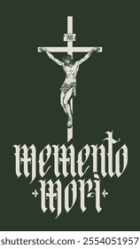 vector calligraphic inscription in gothic font memento mori from latin language translated Think about death and the cross with the crucified Jesus Christ