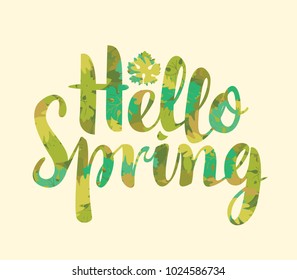 Vector calligraphic inscription Hello Spring in color of different green leaves. Can be used for flyers, banners or posters