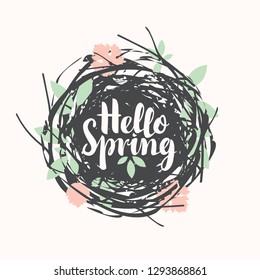 Vector calligraphic inscription Hello spring with various leaves on a background of black scribbles in form of nest. Can be used for flyers, banners or posters, t-shirt design