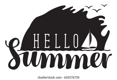 Vector calligraphic inscription hello summer with sea and sailboat