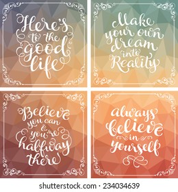Vector calligraphic inscription on colorful geometric background with ornamental elements. Lettering poster or postcard. Typography and calligraphy collection