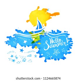 Vector calligraphic inscription on splats background. Hello Summer, poster or postcard. Typography collection