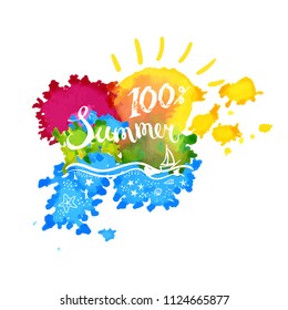 Vector calligraphic inscription on splats background. Summer, poster or postcard. Typography collection