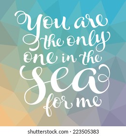 Vector calligraphic inscription with ornamental elements on colorful geometric background. "You are the only one in the sea for me" poster or postcard. Typography collection