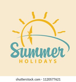Vector calligraphic inscription Summer holidays. Summer travel icon or logo with sea, sun and surfer