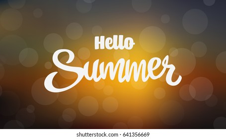 Vector calligraphic inscription  Summer on blur background. Summer lettering. Summer poster. Great for poster, postcard or greeting card. Hello Summer vector illustration. 