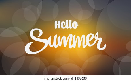 Vector calligraphic inscription  Summer on blur background. Summer lettering. Summer poster. Great for poster, postcard or greeting card. Hello Summer vector illustration. 