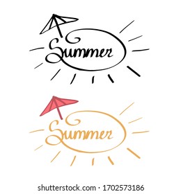 Vector calligraphic inscription. Summer words in english with sunshine shape around it, with beach umbrella. Handwritten logo with curls lines and shapes