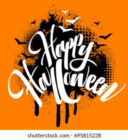 Tarjeta de felicitación con letras caligráficas vectoriales. Felices cartas de invitación de Halloween, con un fondo morboso.