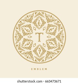 Vector calligraphic logo template. Luxury retro label. Vintage monogram. Round royal emblem ornament and decor, letter t