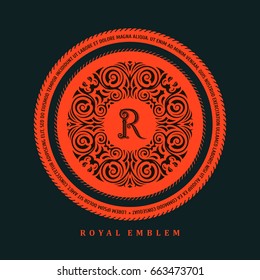 Vektorgrafik-Logo-Vorlage. Luxus Retro-Label. Vintage-Monogramm. runder königlicher Stil und Dekoration, Buchstabe r
