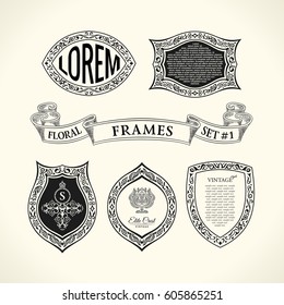 Vector Calligraphic Luxury frames set. Flourishes labels for bottle. Royal vintage Emblem design. Black symbol decor for menu card, invitation, Restaurant, Cafe, Hotel