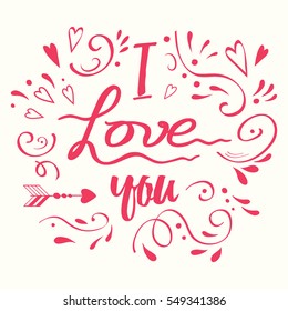 Vector calligraphic phrase for your design I love you decorated abstract pink romantic ornate. Cute typographic print for Saint Valentines day, wedding or date. Posters or postcards.