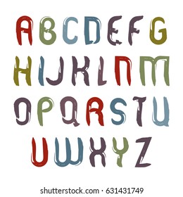 Vector calligraphic retro font, handwritten watercolor capital letters isolated on white, acrylic shiny typeface drawn with ink brush, cartoon font.