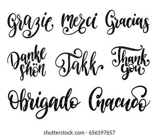 Vector calligraphic set of different languages translation of Thank You phrase. Hand lettering of international thankfulness word.