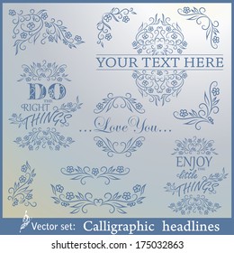 Vector calligraphic set - labels, ornate frames and other decorative scroll elements.  'Do the right things'. 'Enjoy the little things'.