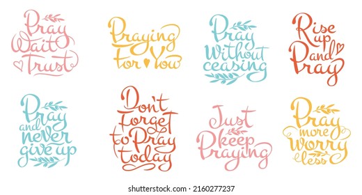 Vector calligraphic set on the theme of constant prayer in bright colors of eight inscriptions