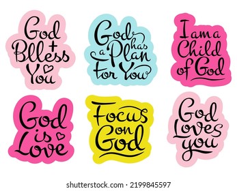 Vector calligraphic set on the theme of God and love from six handwritten inscriptions in the form of stickers