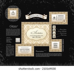 Vector calligraphic vintage frames and design ornament. Grunge black background