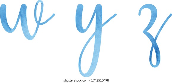 Vector calligraphic watercolor font, small caps, light blue, letters, character W Y Z