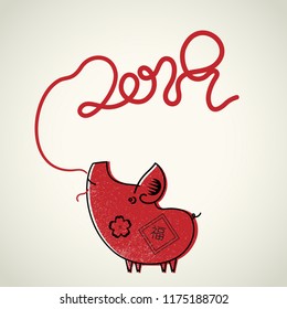 Vector calligraphy 2019 for Asian Lunar Year. Hieroglyphsl: Year of the pig, Happy New Year